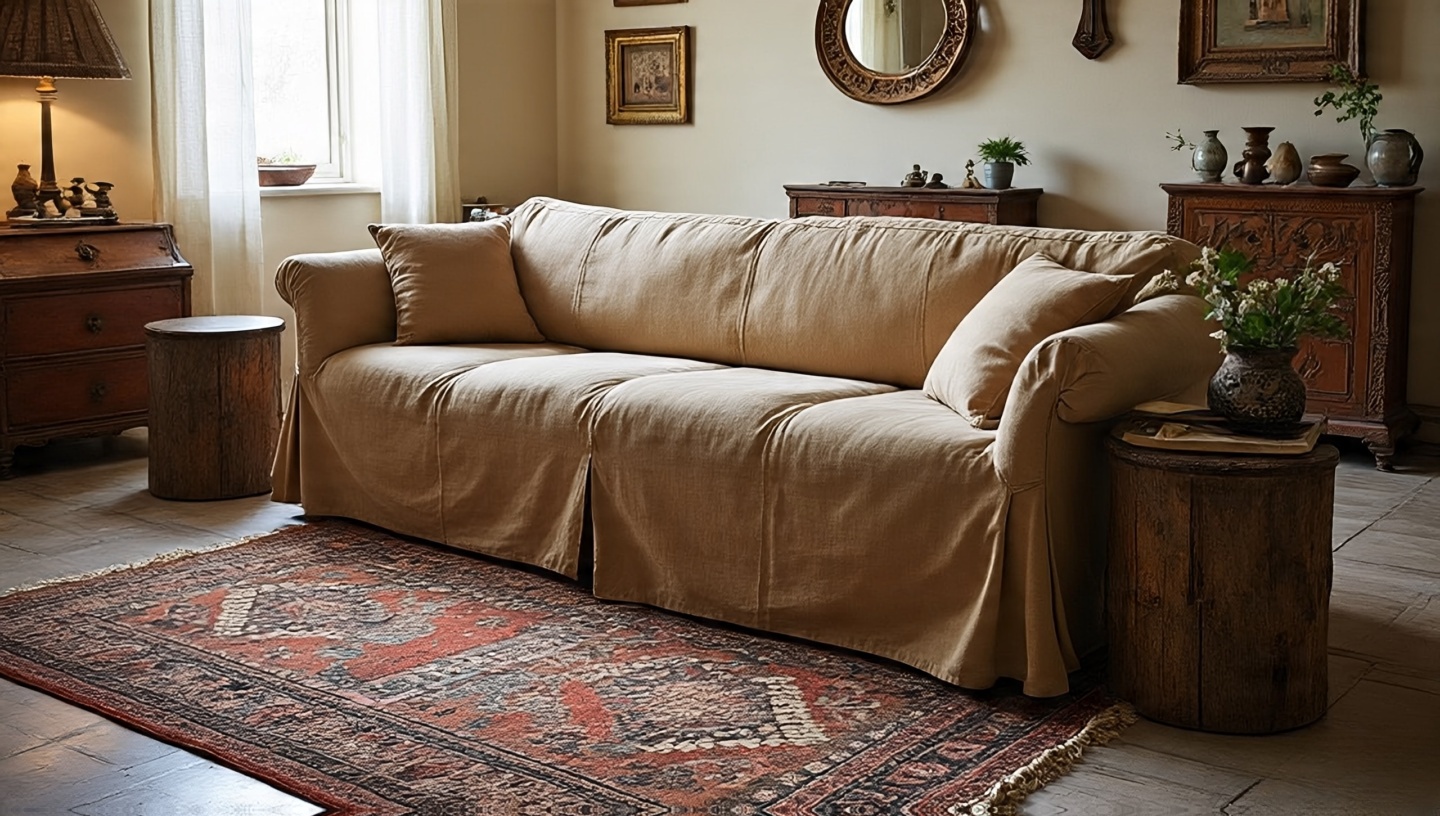 Boho living room showing sofa material choices like linen slipcover and matte textures that set a warm tone