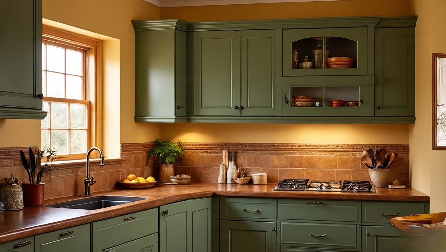 Earthy boho kitchen with sage green cabinets and terracotta accents