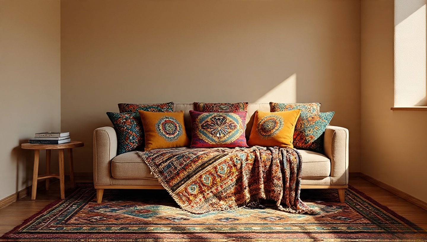 Neutral sand-colored wall with vibrant kilim pillows and patterned throw adding color to a compact Boho seating area