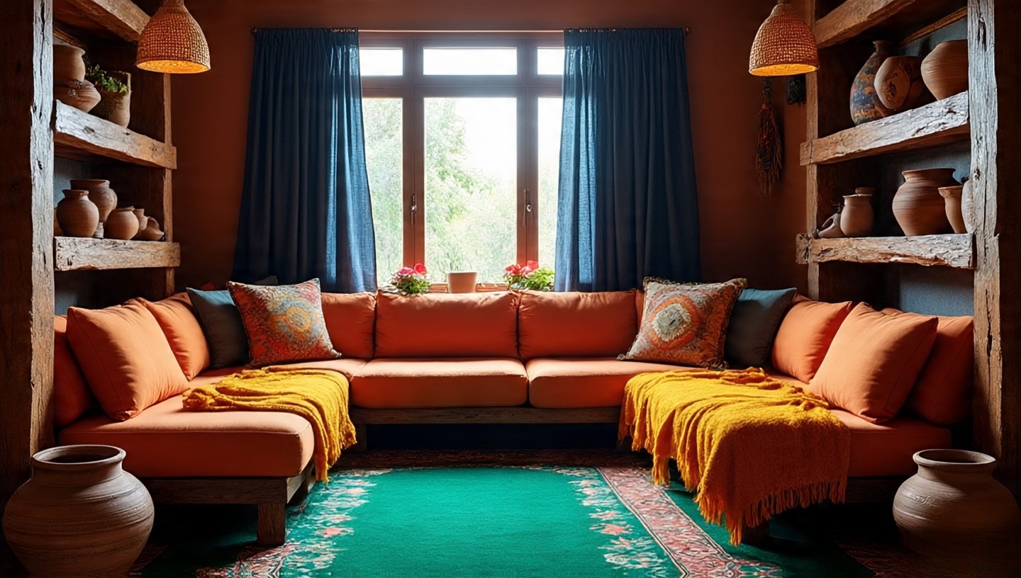 Boho lounge with terracotta, ochre, and indigo textiles tied together by an emerald green rug