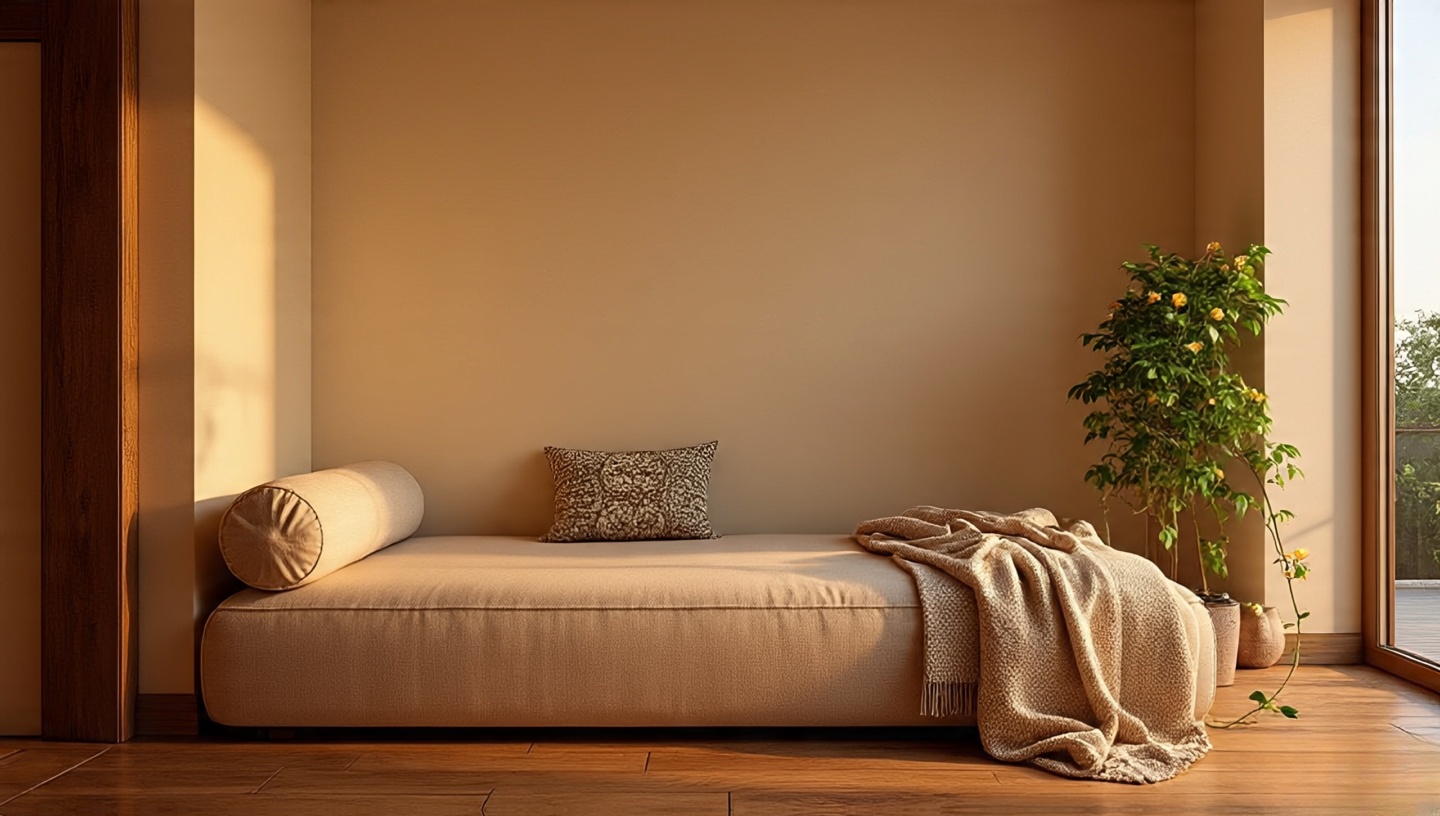 Daybed placed lengthwise as a soft room divider in an open-plan Boho living space with bolsters and throw