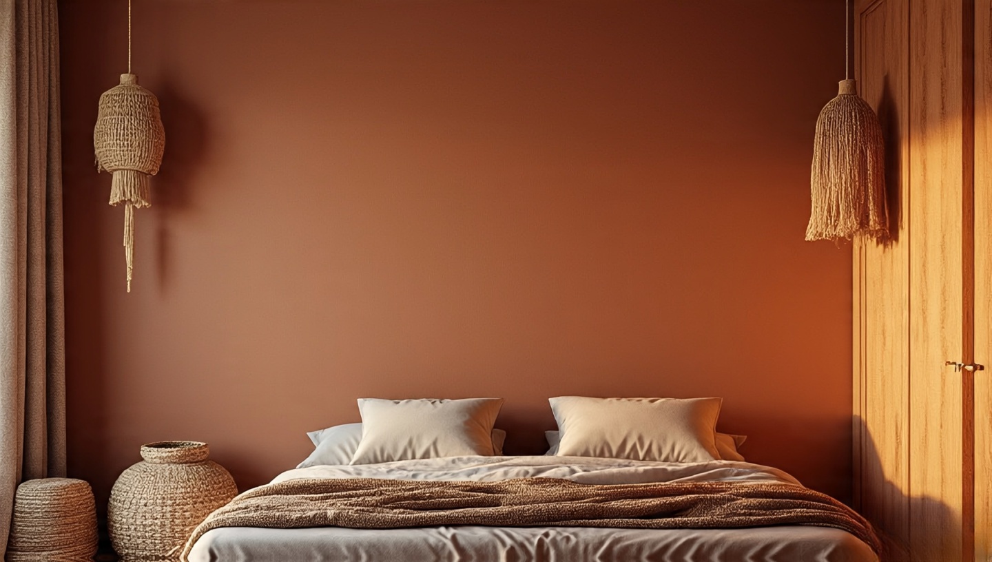 Terracotta and earthy-toned bedroom wall backdrop for a Bohemian bed with natural textures