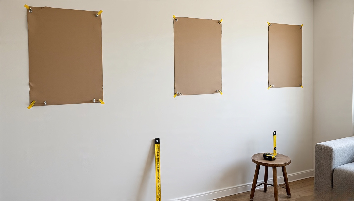Kraft-paper templates on wall with 150 cm centerline, 6 cm spacing guides, level, pencil, hooks and sofa clearance at 20 cm