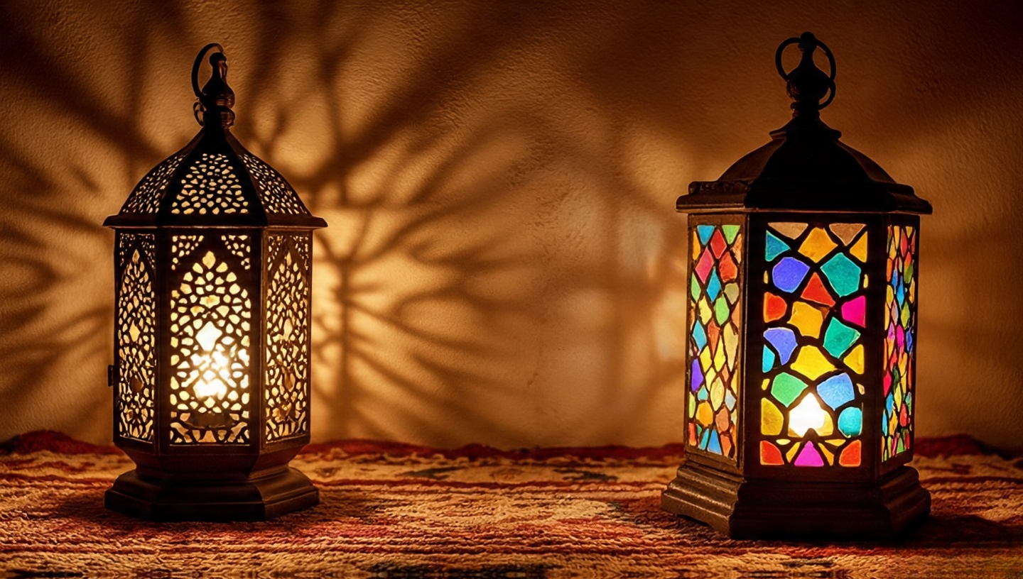 Arrangement of Moroccan pierced metal, Turkish mosaic, and rustic clay lanterns casting patterned Boho light