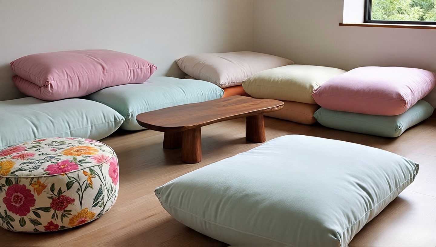 Low-level lounging nook with oversized floor cushions, a pouf, and a low wooden table on a thin platform, clear 90 cm walkway maintained