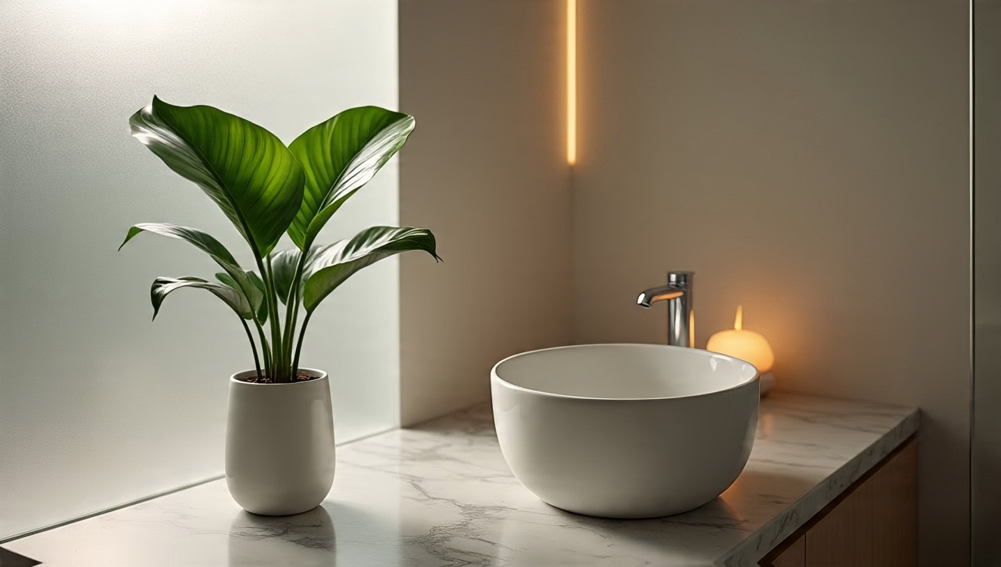 Peace lily on a bathroom vanity near a frosted window, glossy leaves and white blooms creating a spa-like mood