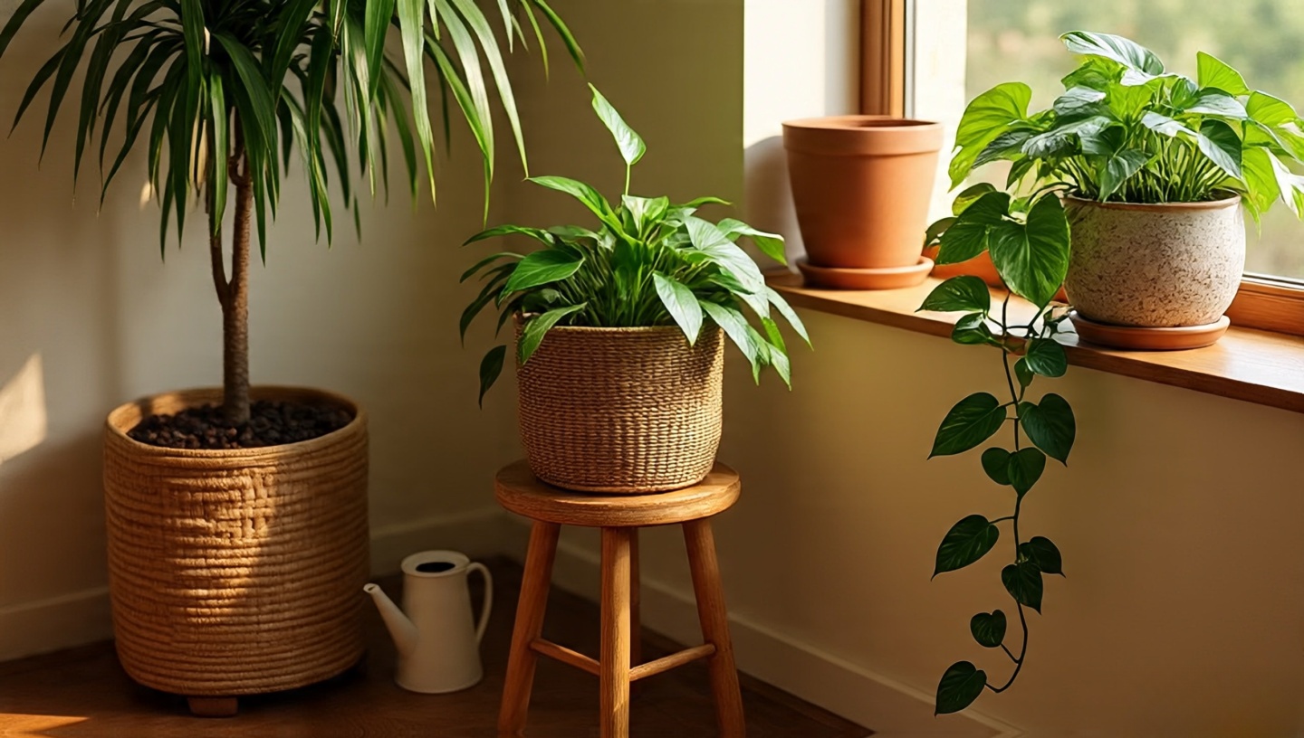 Layered indoor plants: tall floor specimen, mid-height plant on stool, trailing vine on shelf in mixed terracotta, rattan, and glazed pots