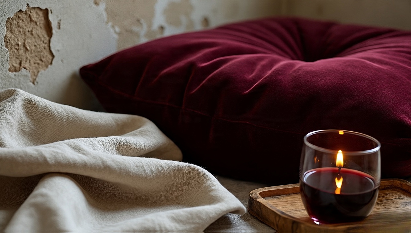 Close-up still life of textures: folded linen, plaster, and velvet suggesting sensory palettes