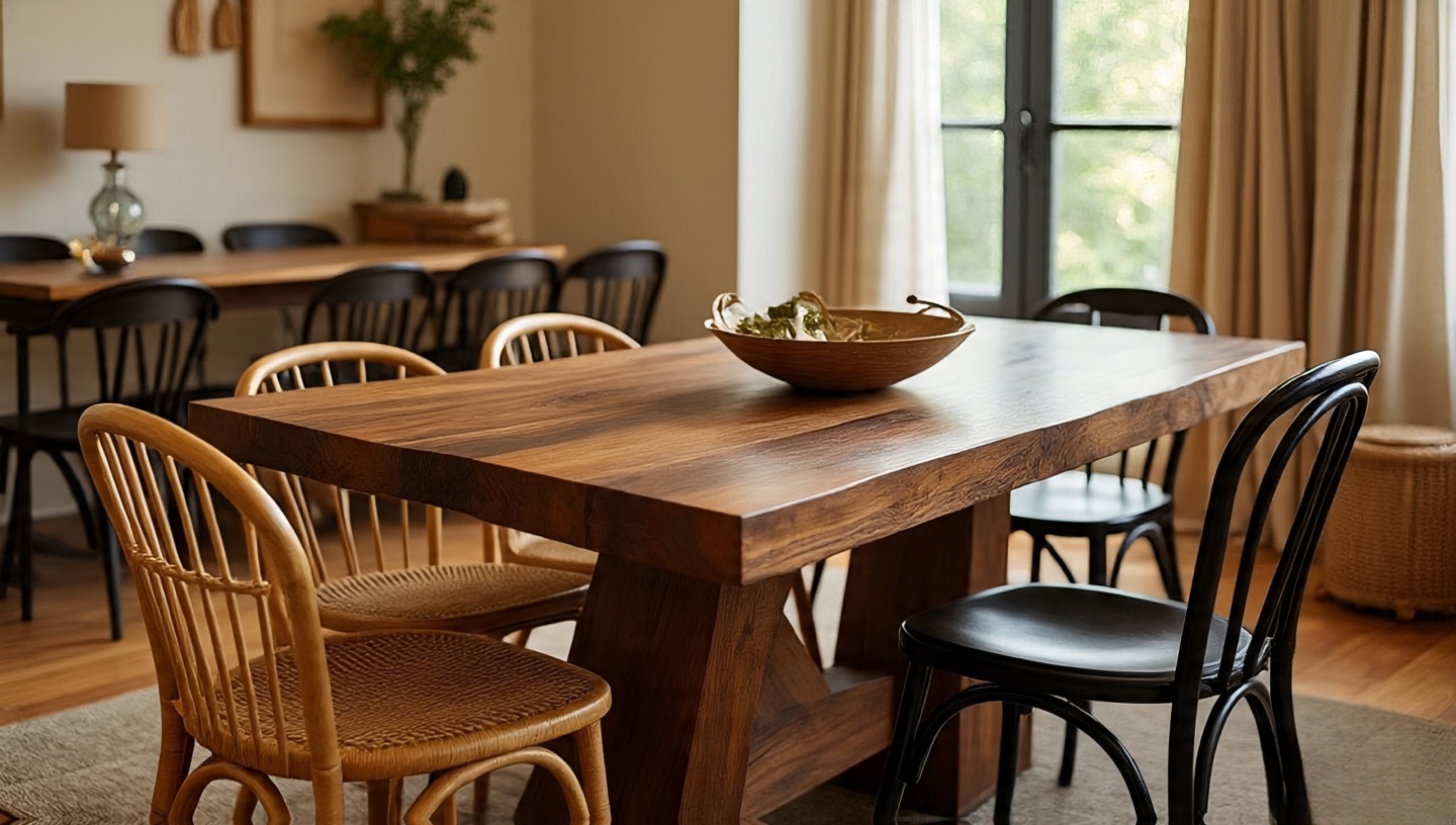 Walnut slab table with rattan chairs and pine farmhouse table with black iron chairs in one styled Boho dining space