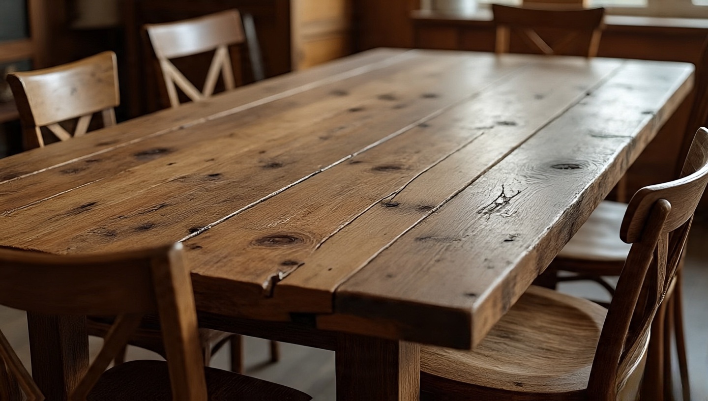 Rustic reclaimed teak dining table with visible knots and textured grain