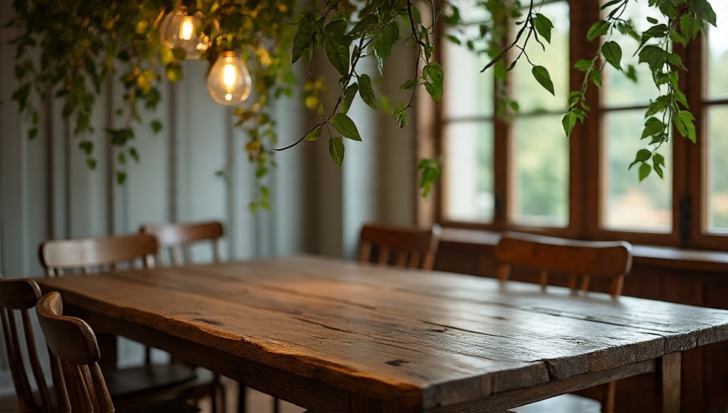 Reclaimed oak dining table with mismatched wooden chairs and hanging greenery above