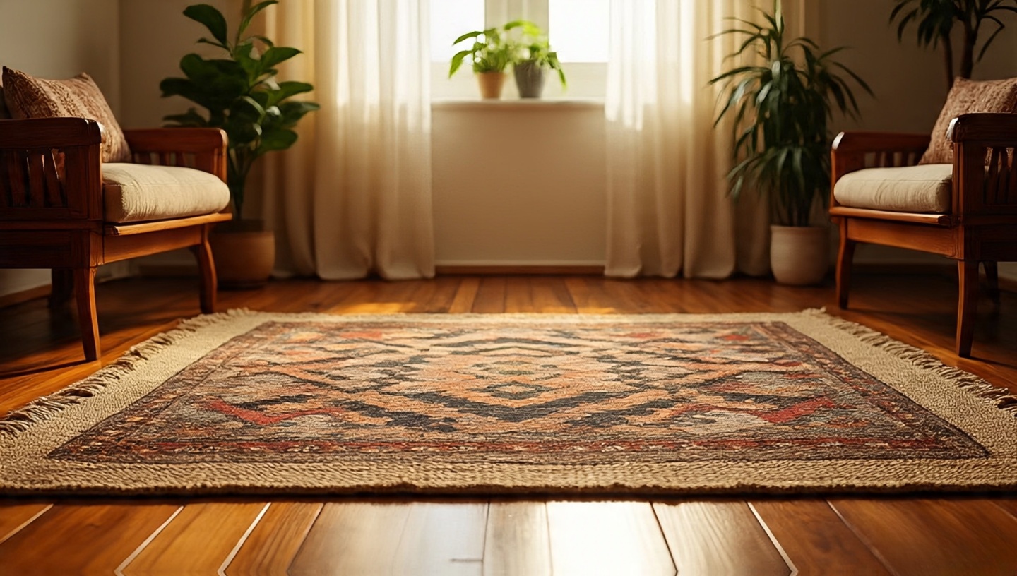 Layered jute base rug topped with patterned kilim in cozy Bohemian living room