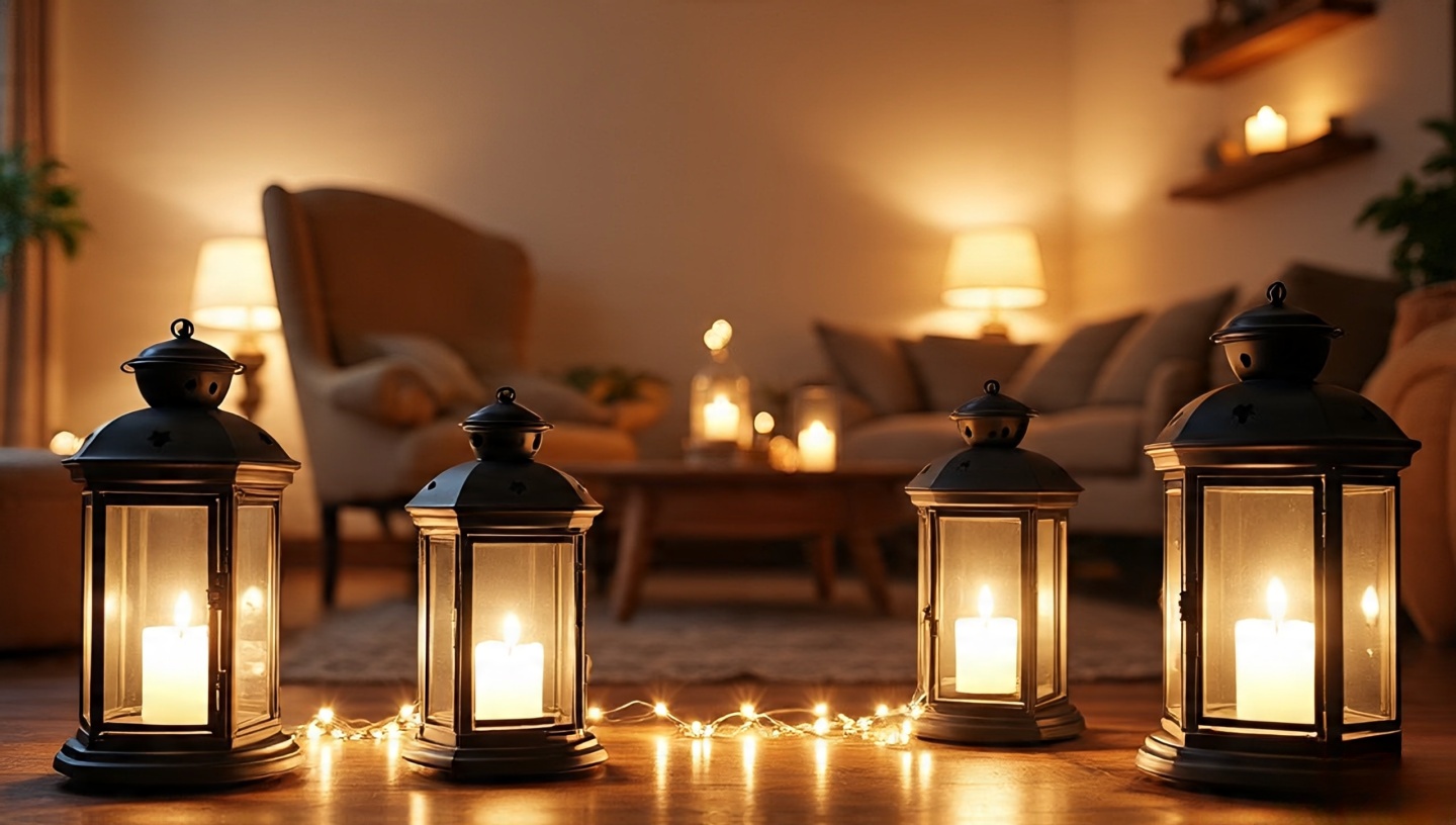 Candles and lanterns in hurricane glass with antique brass and matte black finishes, layered with string lights on separate dimmers