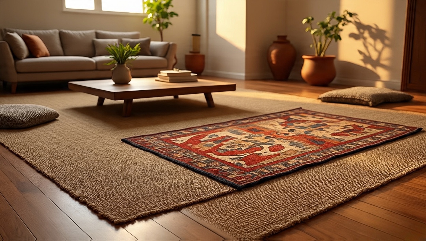 Layered rug composition with wide jute base and smaller kilim set diagonally to create depth