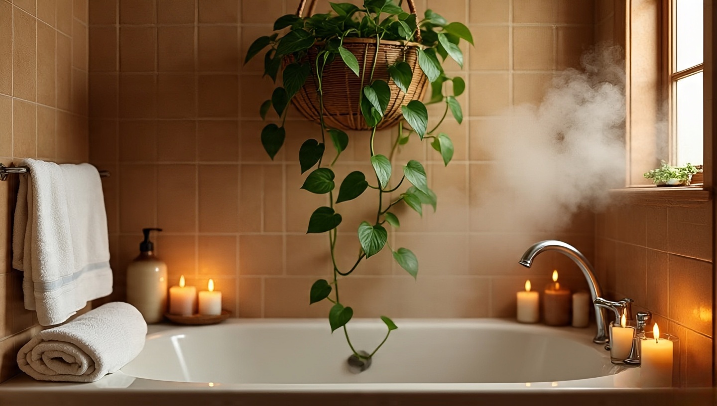 Hanging pothos over bathtub in a lush Boho bathroom