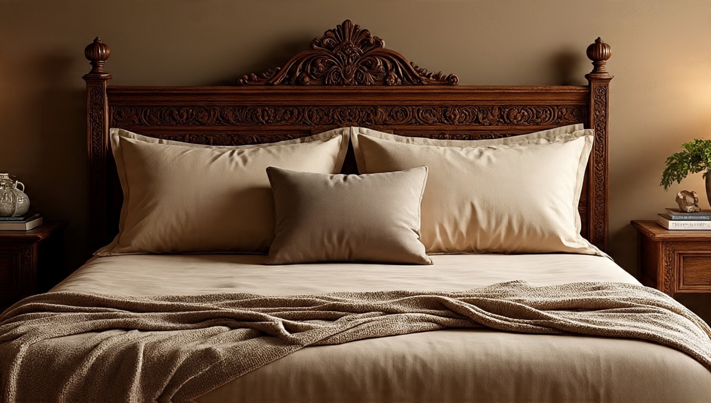 Carved wooden panel used as a Bohemian headboard adding texture and artisanal character