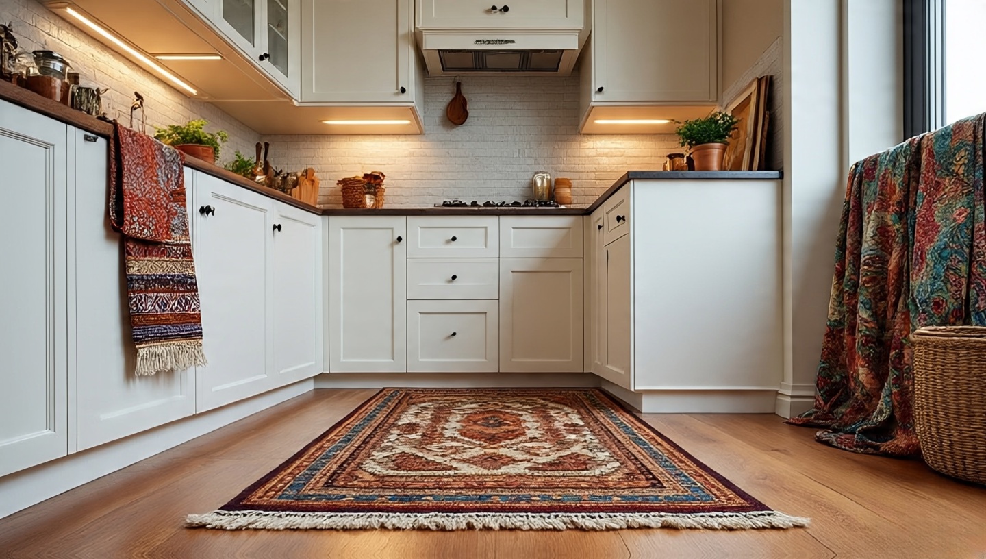 Boho galley kitchen with layered washable runners and cozy textiles