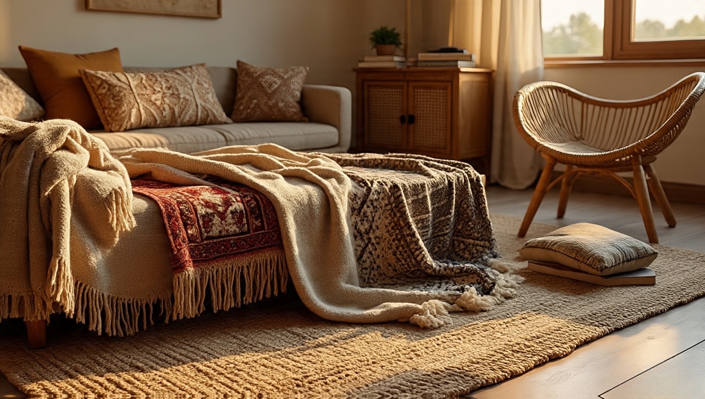 Layered Boho seating area with jute rug, kilim throw, driftwood coffee table, cane cabinet, and rattan chair