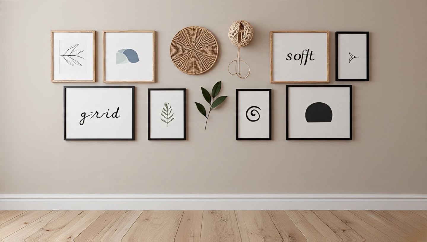 Soft grid boho gallery wall with mixed frame sizes, rattan round accent, floated art, botanicals and woven object on a neutral wall