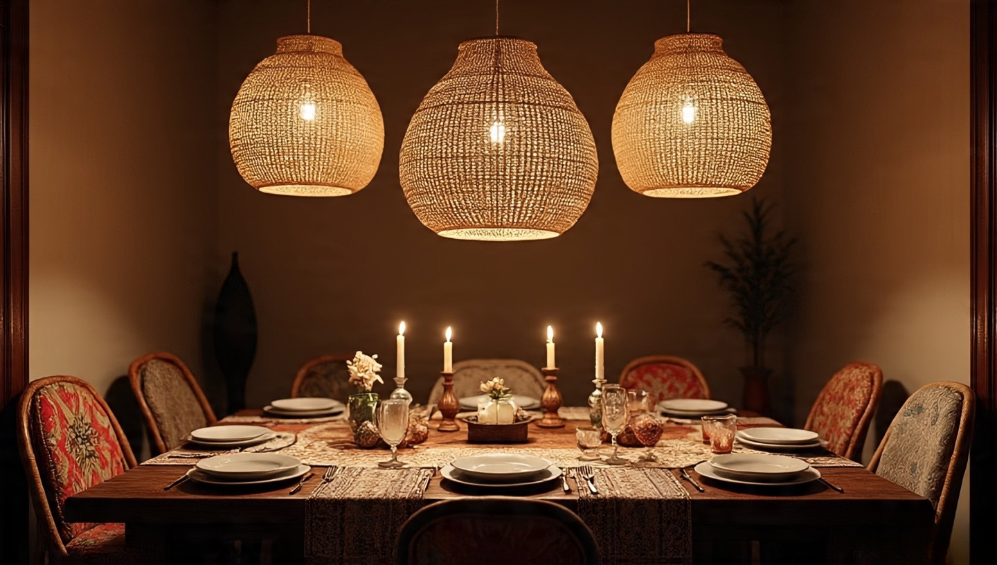 Boho dining table under woven pendant lights with candles creating warm layered lighting over mixed chairs