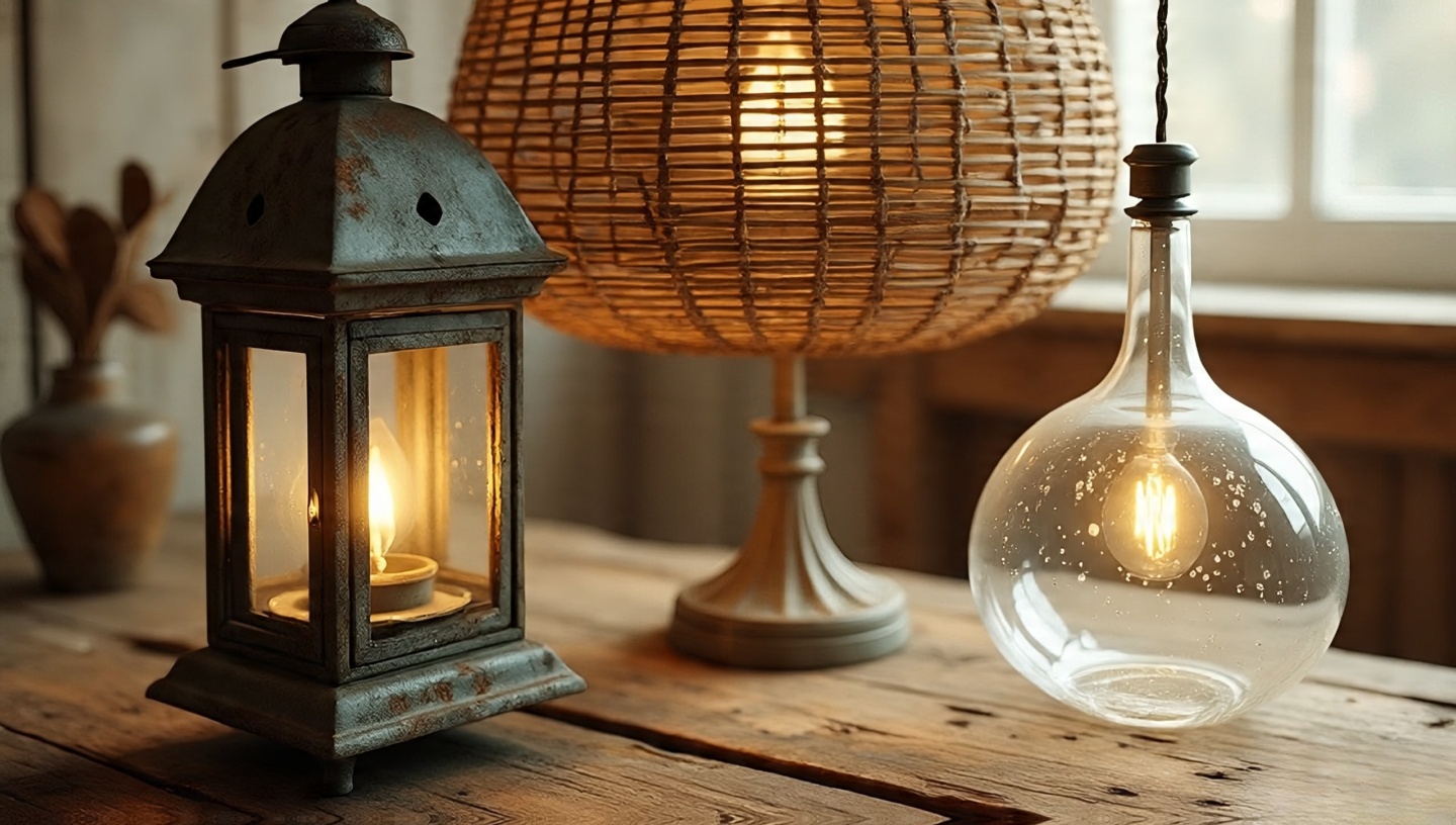 Close-up of Boho lighting materials including rattan shade patinated metal lantern and hand-blown glass pendant