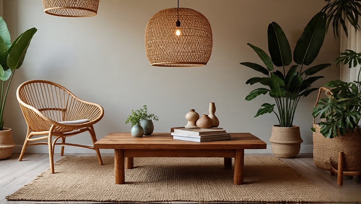 Balanced Boho room with wooden table anchor, jute rug base, and rattan accent chair