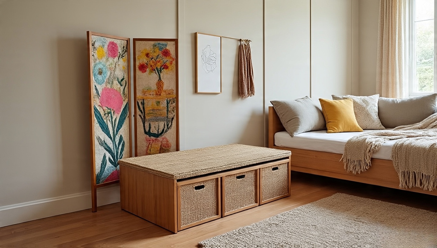 Boho storage bench with woven top lifted to reveal blankets beside a folding screen and daybed