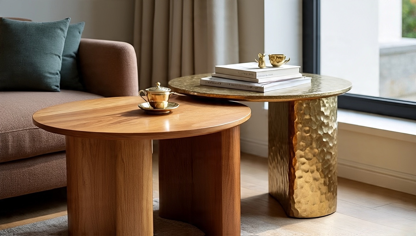 Three nesting tables in solid wood and hammered metal that slide and stack for flexible Boho layouts