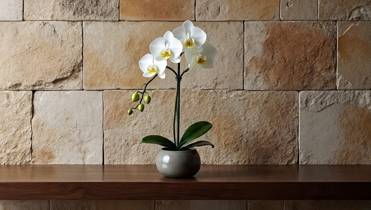 Single white orchid on a floating shelf with natural stone tile backdrop for refined bathroom luxury