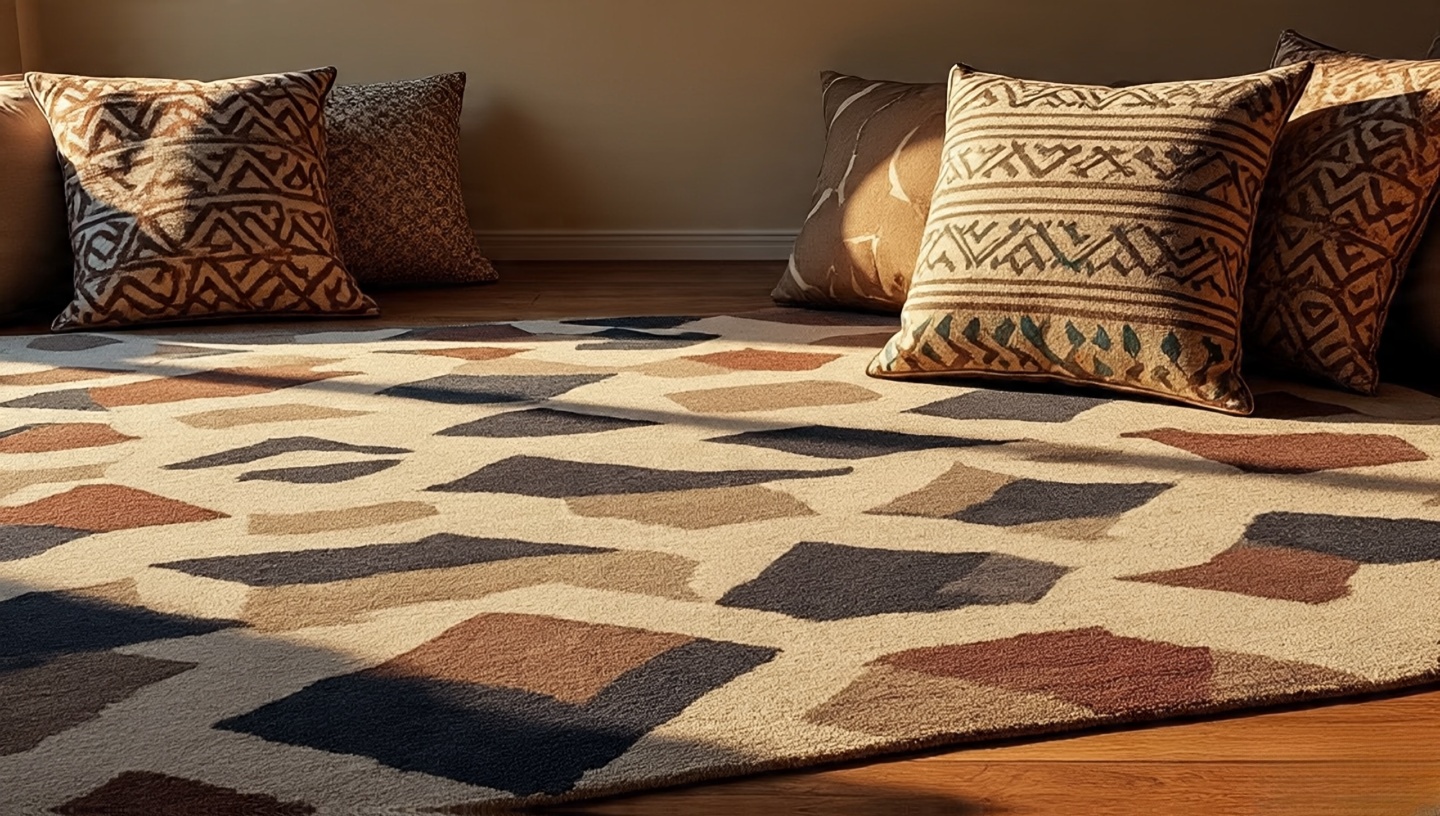 Pattern hierarchy: large-scale geometric rug, medium-scale pillows, small-repeat throw tied by a shared color