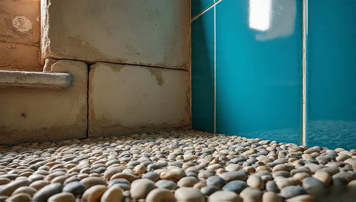 Pebble mosaic flooring and textured tiles inviting tactile experience