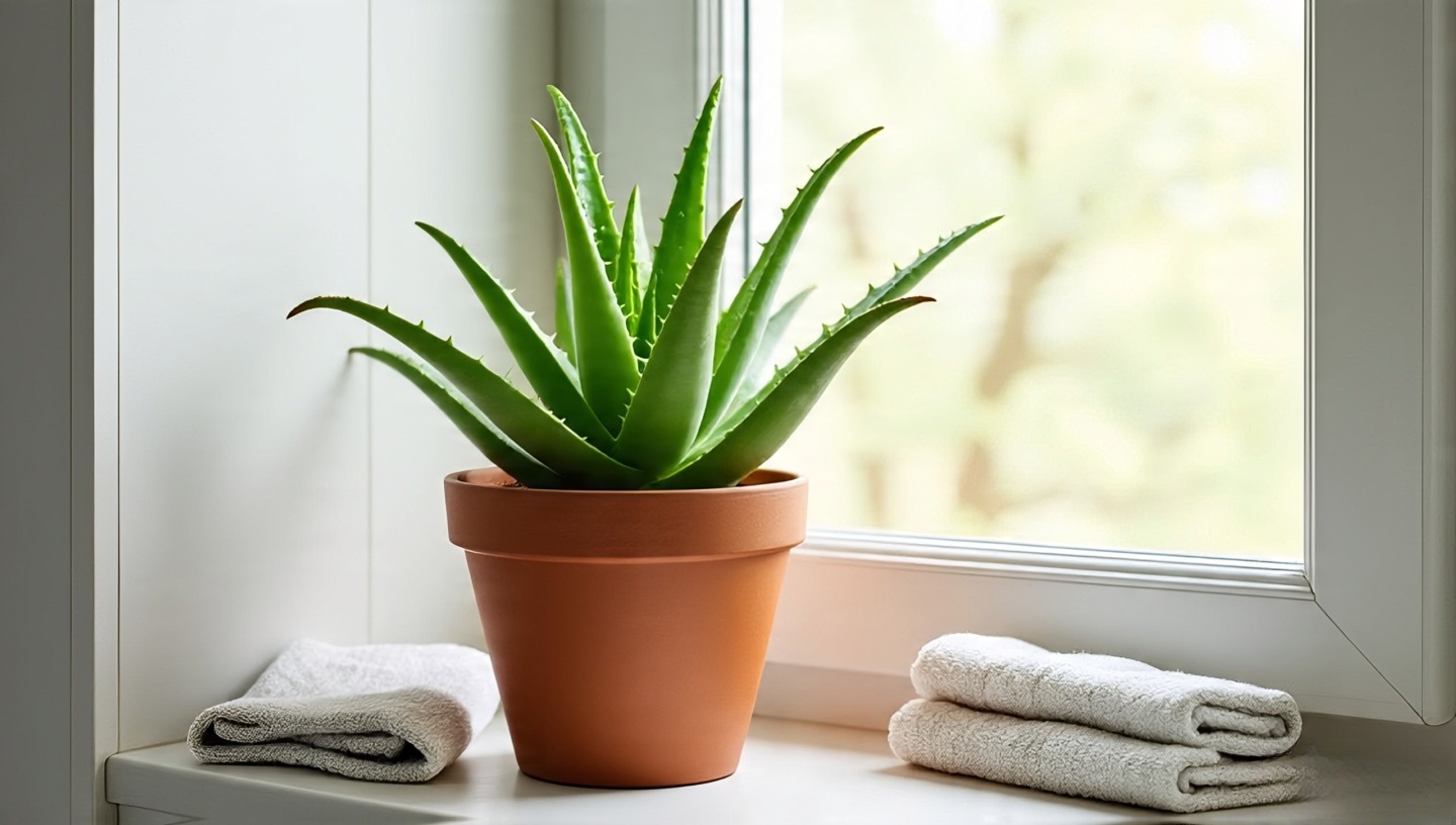 Aloe vera in a deep terracotta pot on a sunny bathroom windowsill, decorative yet practical for first-aid