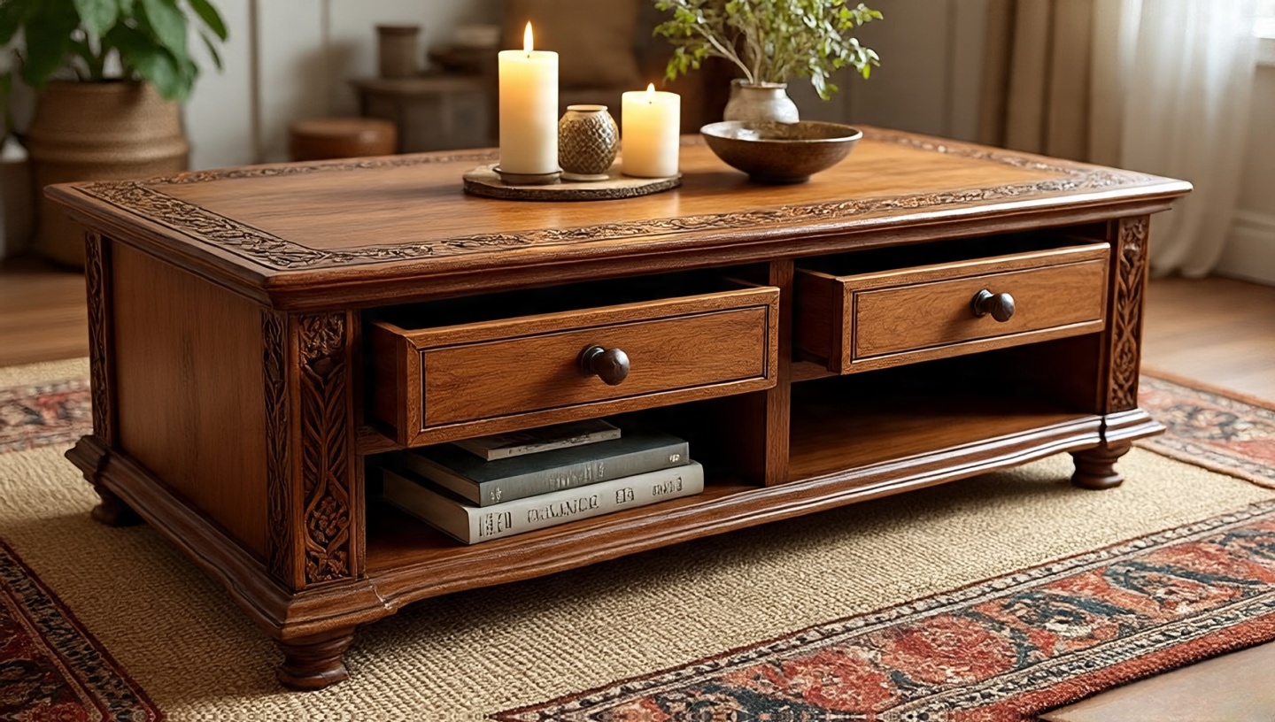 Carved wooden coffee table with drawers and lower shelf finished in plant-based hardwax oil