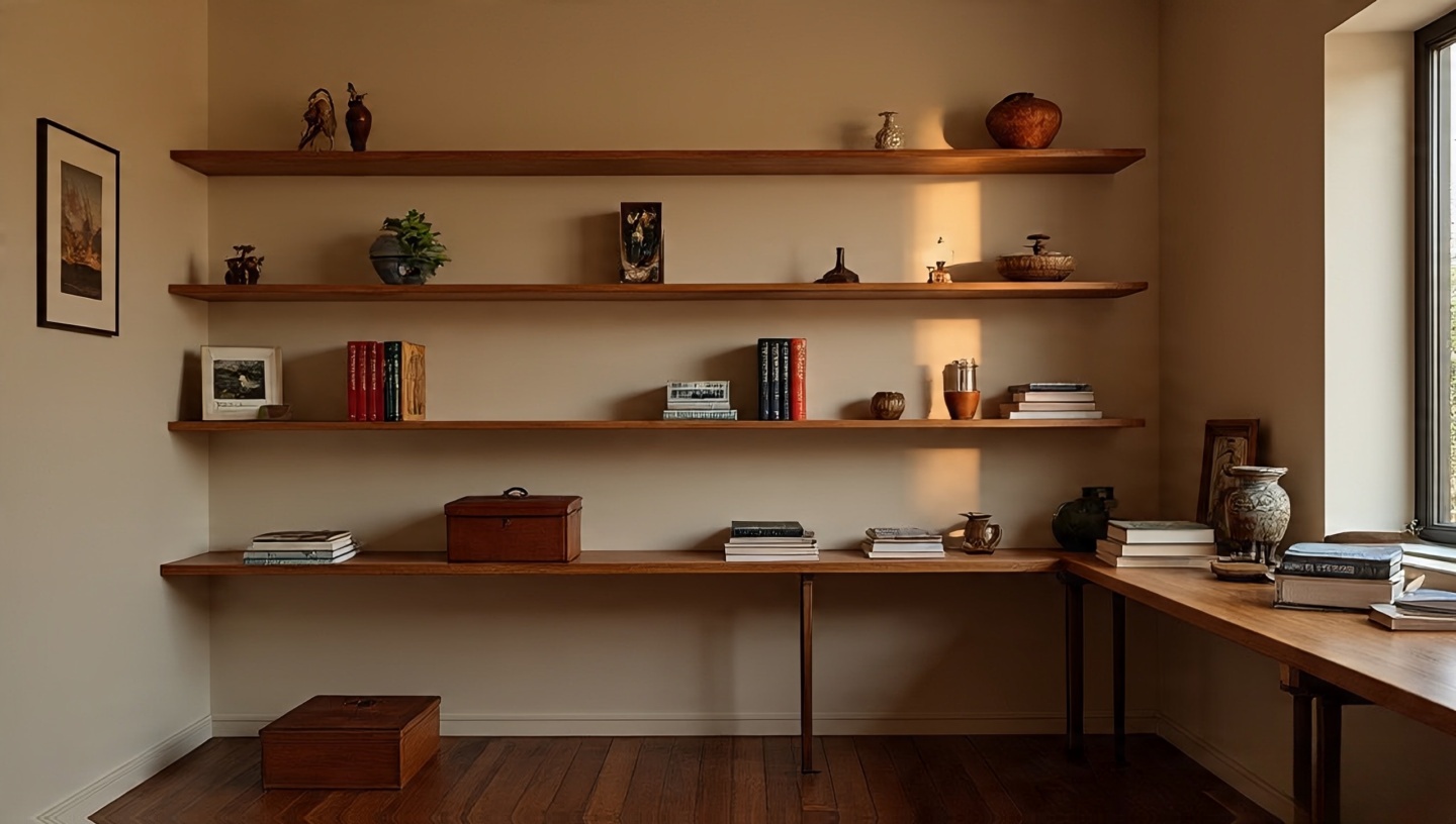 Curated shelves and tabletops with 80 percent fill and visible negative space, rotation box on lower shelf