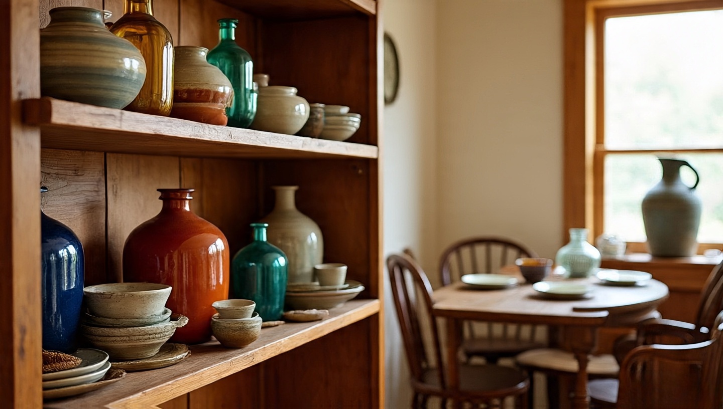 Open wooden shelving with hand-thrown ceramics and colorful glass beside a dining table with mismatched chairs