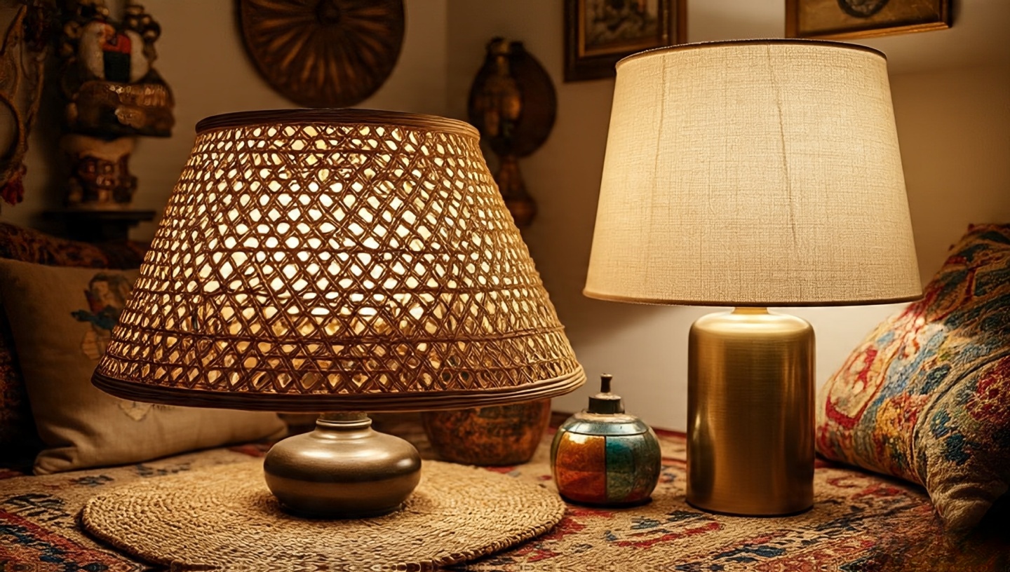 Rattan, linen, colored glass, and brass lampshades demonstrating different ways materials shape Boho light