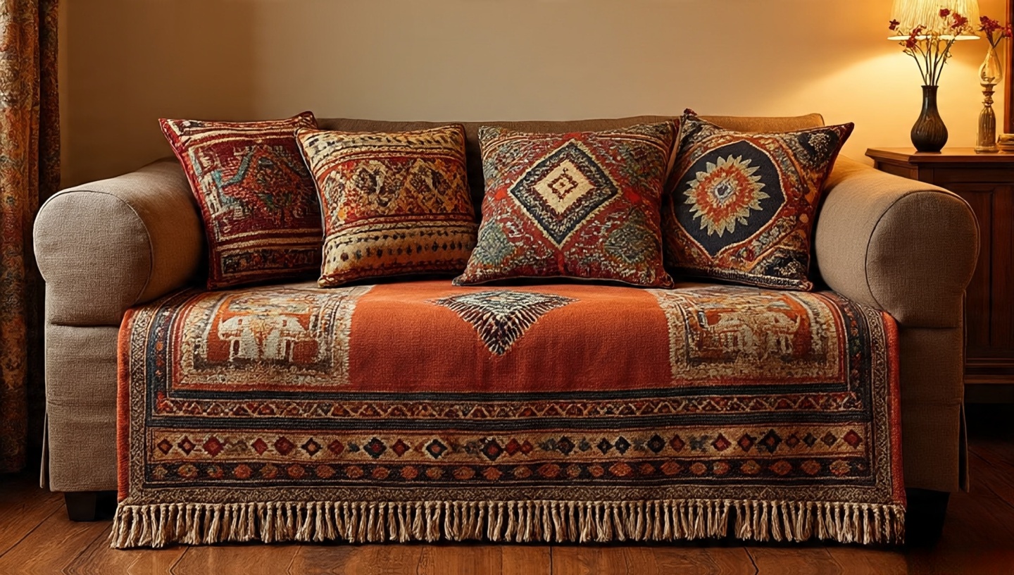 Sofa styled with kilim pillows, ikat throws, and a suzani textile unified by a rust bridge color and tactile linens and bouclé