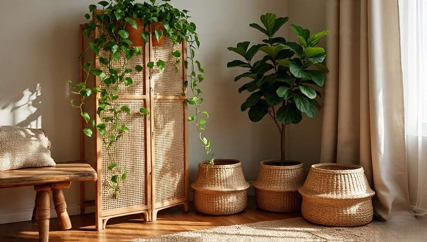Boho corner with trailing pothos on rattan screen and fiddle-leaf fig beside a teak bench on a jute rug