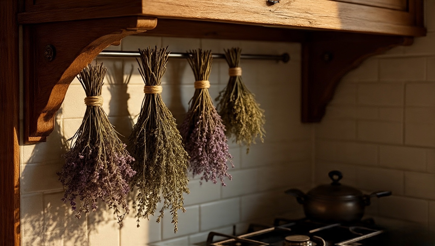 Boho kitchen with bundles of dried herbs and flowers hanging over the counter
