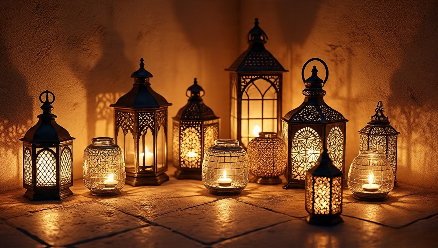 Cluster of Moroccan metal lanterns, bamboo lanterns and jar tealights casting patterned light on textured wall