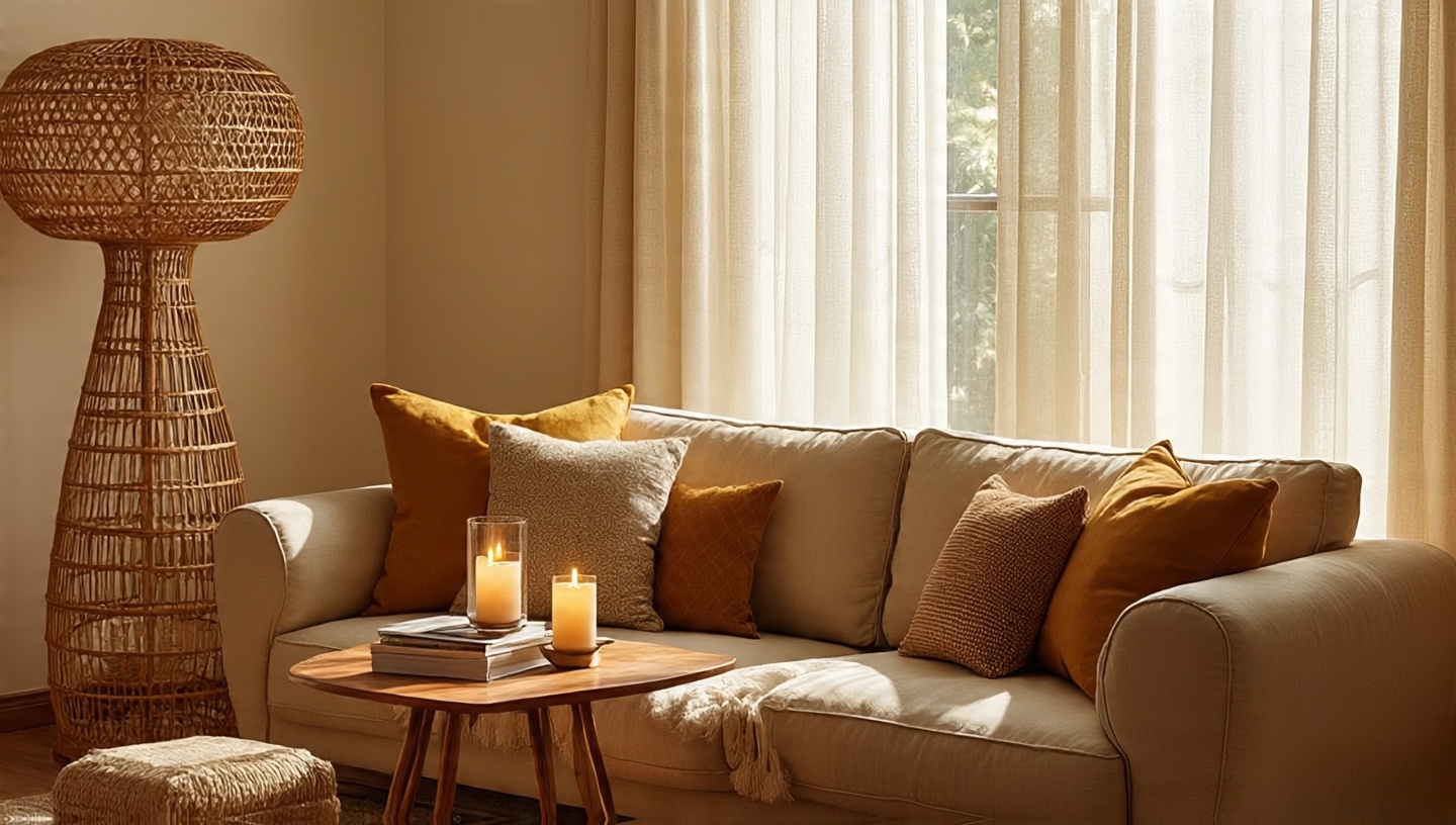 Boho sofa lit by a woven rattan lamp casting patterned light with sheer curtains and candles nearby