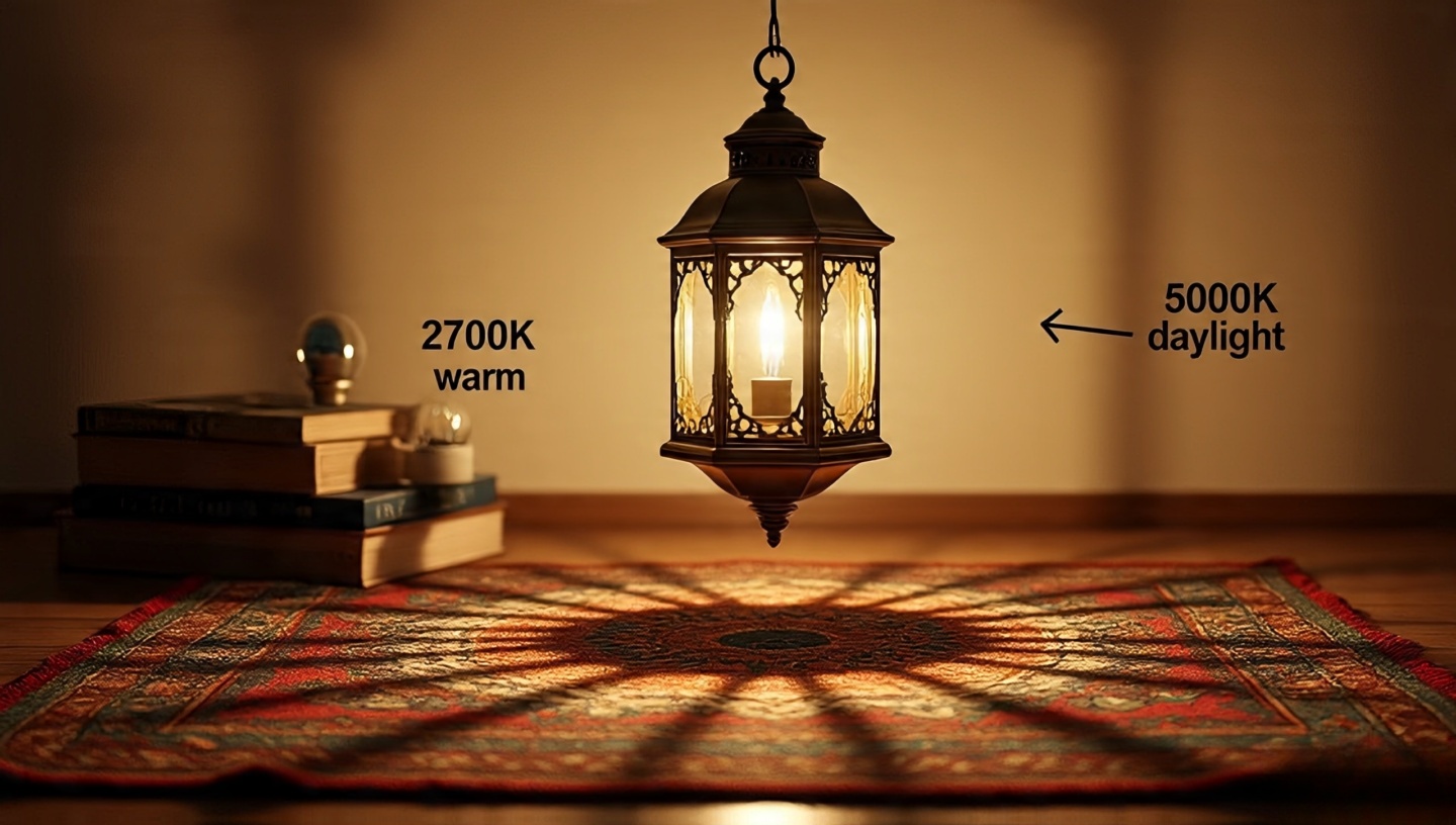 Pierced brass lantern casting lace-like shadows over a Turkish kilim with warm 2700K lighting