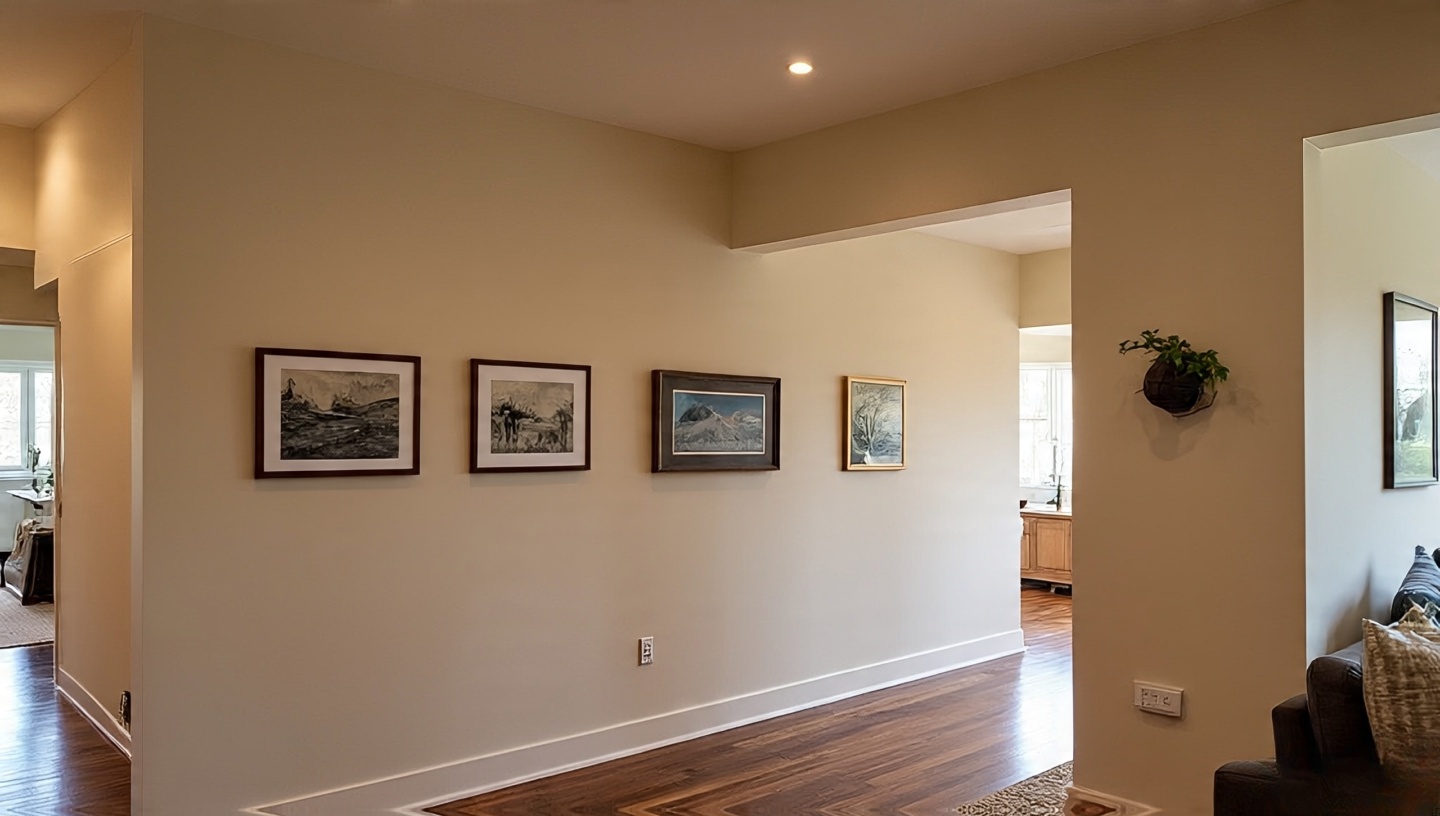 Room showing focal wall with bold anchor art and transition wall with calmer consistent frames along hallway