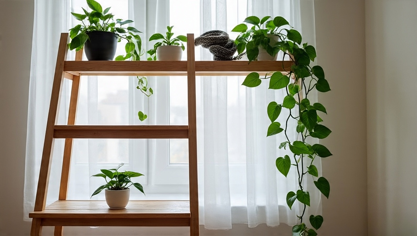 Vertical plant styling with ladder shelf of cascading pothos and snake plants framing a bright window