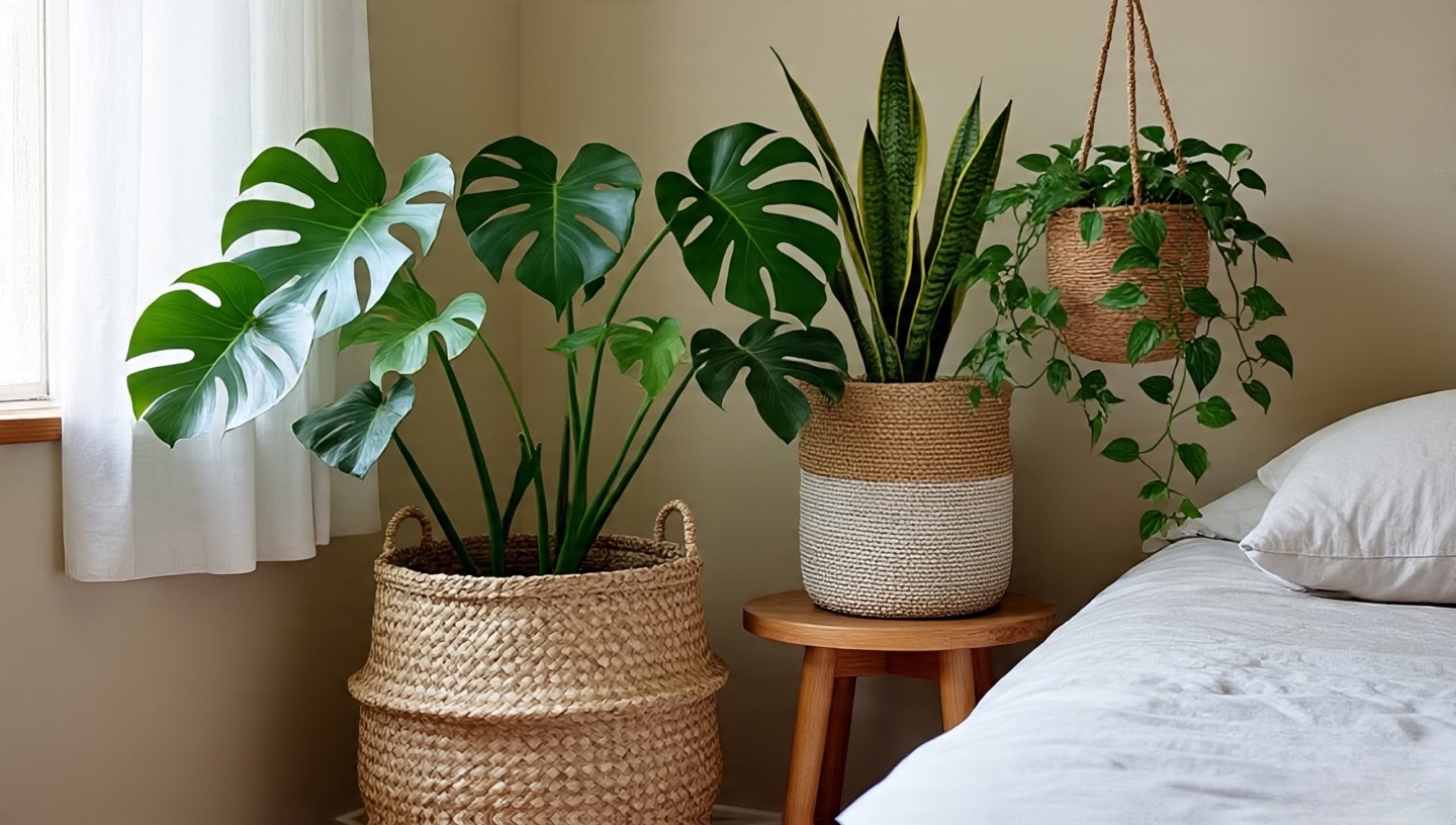Bohemian bedroom corner with monstera, snake plant, and hanging pothos in woven planters