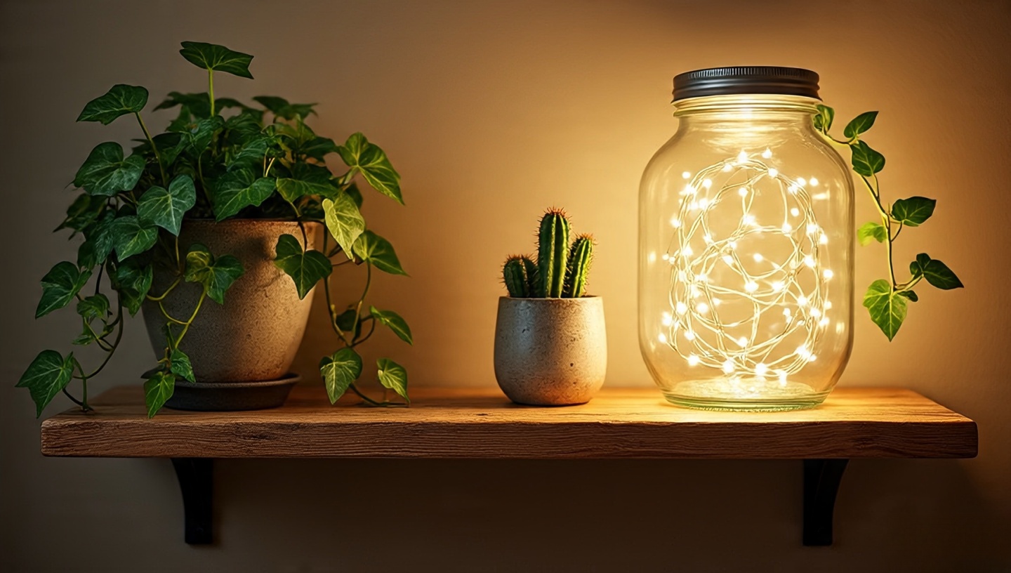 Boho shelf ambience with trailing ivy, cactus in rustic pot and glowing fairy lights in clear jar
