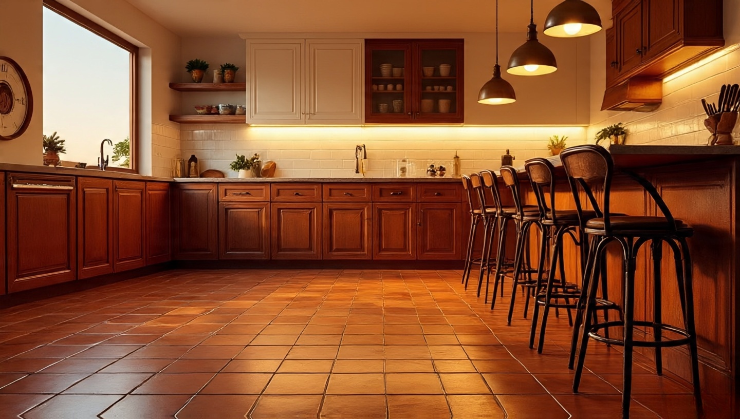 Mediterranean kitchen with terracotta floor tiles, wrought iron stools and brass pendants