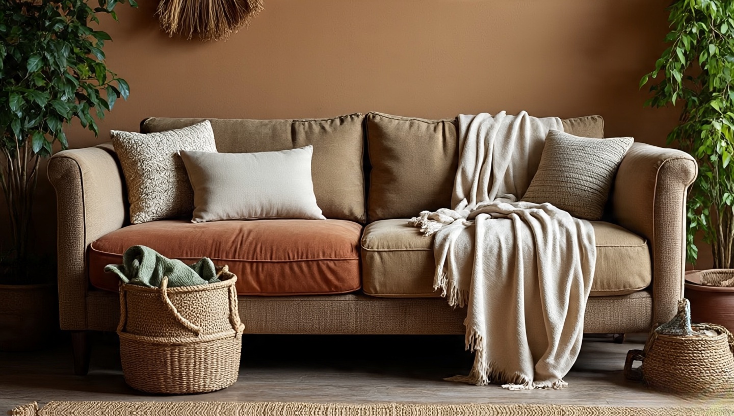 Boho sofa with mismatched cushions and a casually draped woven throw for a lived-in look