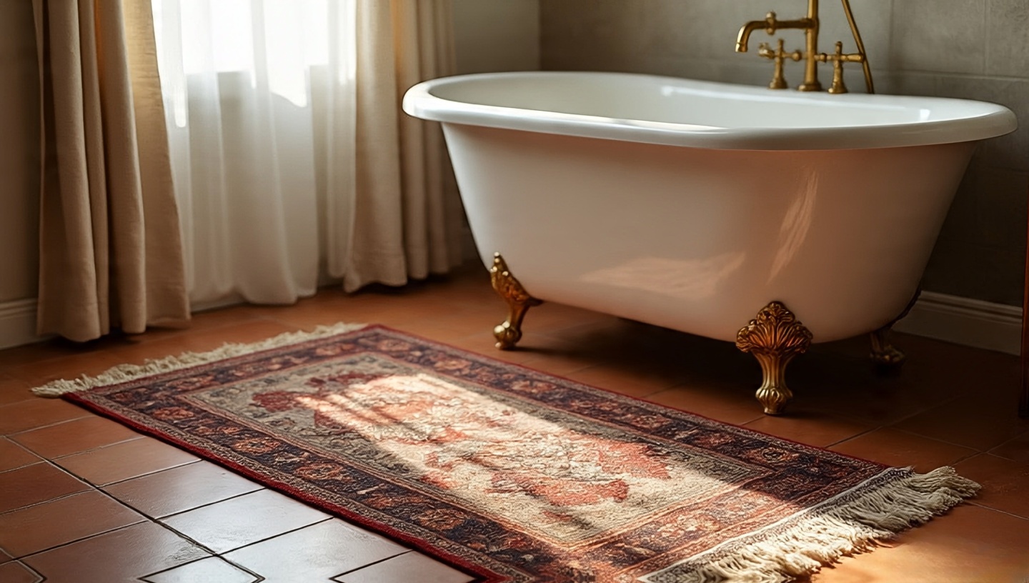 Vintage Persian rug layered on terracotta bathroom floor