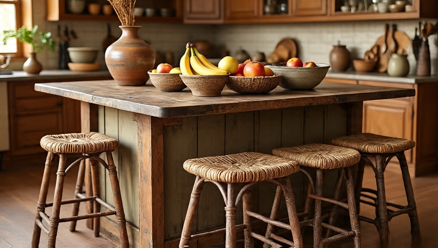 Inviting boho kitchen island with reclaimed wood top and mixed stools